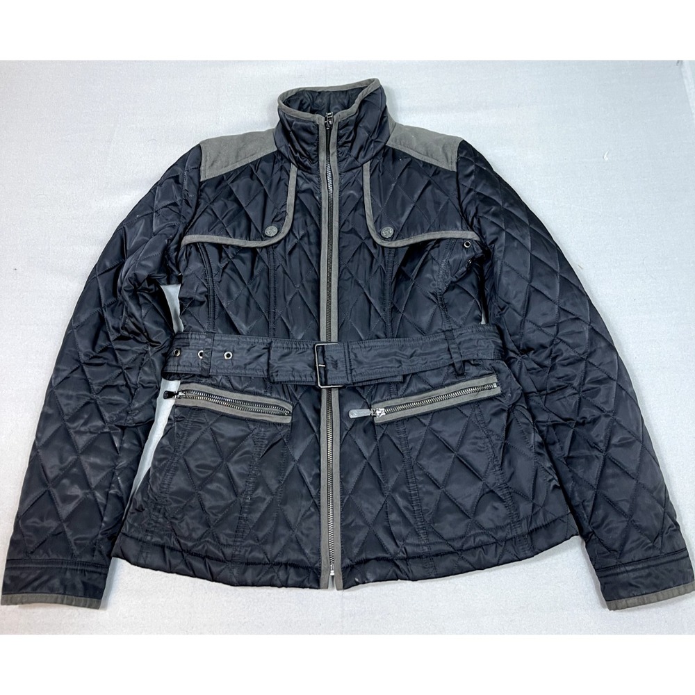 Vince Camuto Jacket XS Womens‎ Black Quilted Elbow Patches Belted Insulated Mid